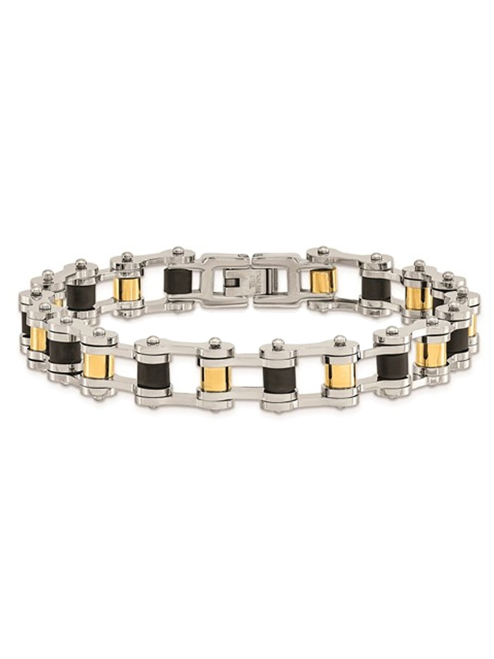 Stainless Steel Mens Gold Plated and Black Rubber Bracelet -- 8.75 inches for Men