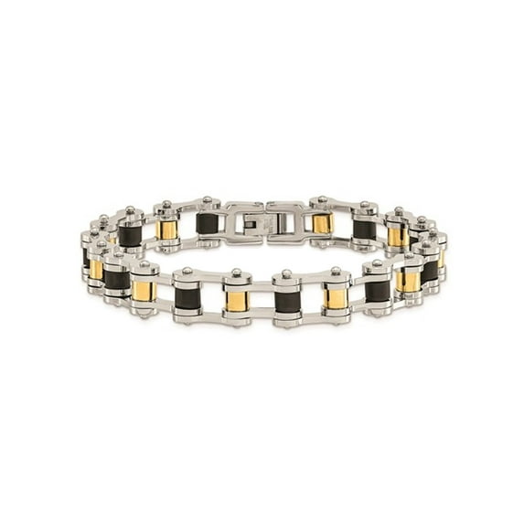 Stainless Steel Mens Gold Plated and Black Rubber Bracelet -- 8.75 inches for Men