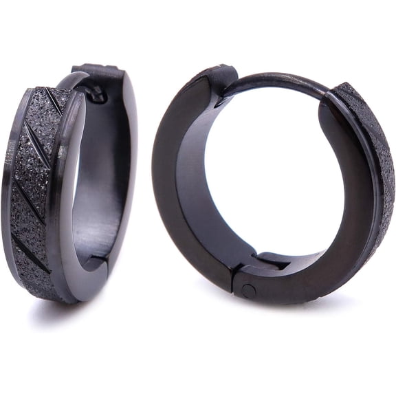 Stainless Steel Mens Hoop Earrings Stripe Bevel Edge Black Gold Color 16mm