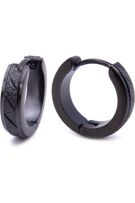 Stainless Steel Mens Hoop Earrings Stripe Bevel Edge Black Gold Color 16mm