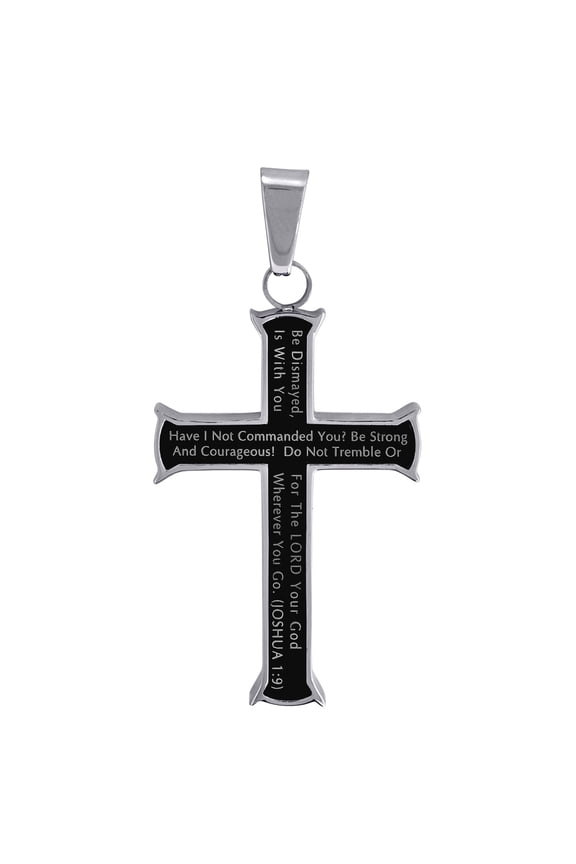 Stainless Steel Mens Joshua 1:9 Christian Bible Verse Cross With Black Enamel Center Religious Charm Necklace for Men