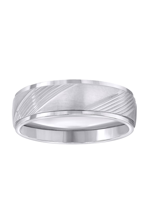 Stainless Steel Mens Laser Cut Diagonal Lines Brushed Center Step Edges Size-11 Comfort-Fit Band