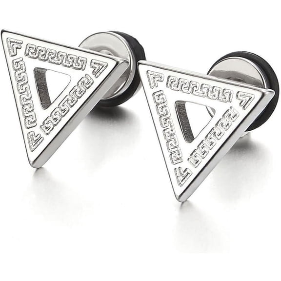 Stainless Steel Mens Triangle Stud Earrings with Pattern, Screw Back 2pcs