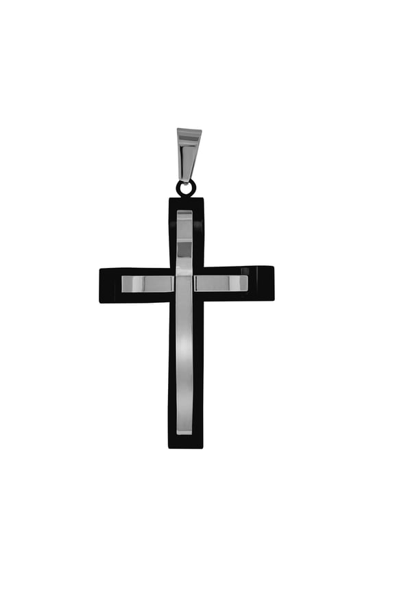 Stainless Steel Mens Two Layer Black Cross Religious Charm Pendant 34.6mm Wide Necklace for Men