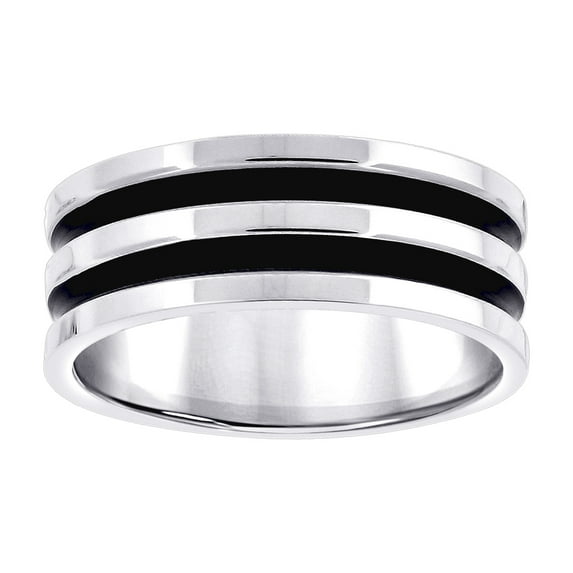 Stainless Steel Mens Two-tone Black Enamel Double Grooved Comfort-fit Fashion Band Ring Size 12 Wedding Band for Men