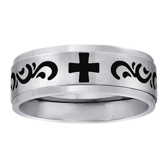 Stainless Steel Mens Two-tone Black Greek Religious Faith Cross Center Brushed Comfort-fit Fashion Band Ring Size 13 Wed