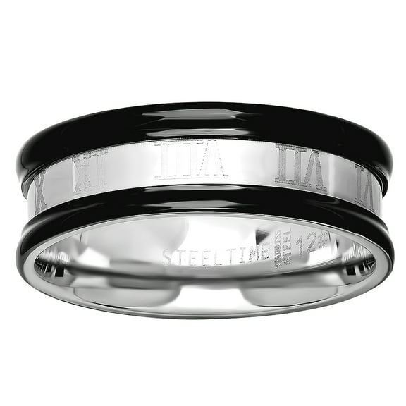 Stainless Steel Mens Two tone Concave Roman Numbers Black Edges Comfort-Fit Band Ring Size 11 Wedding Band for Men
