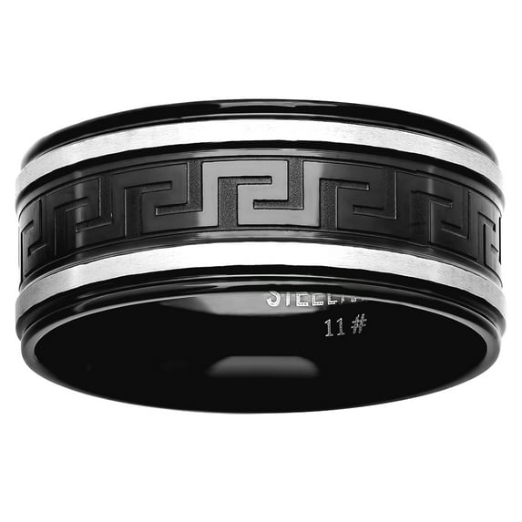 Stainless Steel Mens Two-tone Greek Key Pattern Center Black Comfort-fit Fashion Band Ring Size 9 Wedding Band for Men