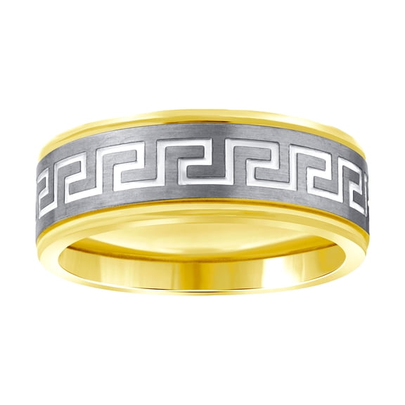 Stainless Steel Mens Two-tone Greek Key Pattern Center Brushed Step Edges Comfort-fit Band Size 12 Wedding Band for Men