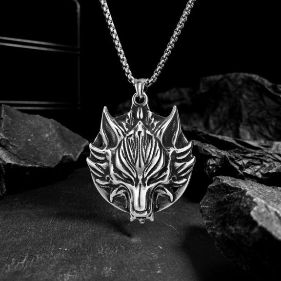 Stainless Steel Mens Vintage Wolf Head Pendant Necklace, Punk Rock, Steel Wheat Chain