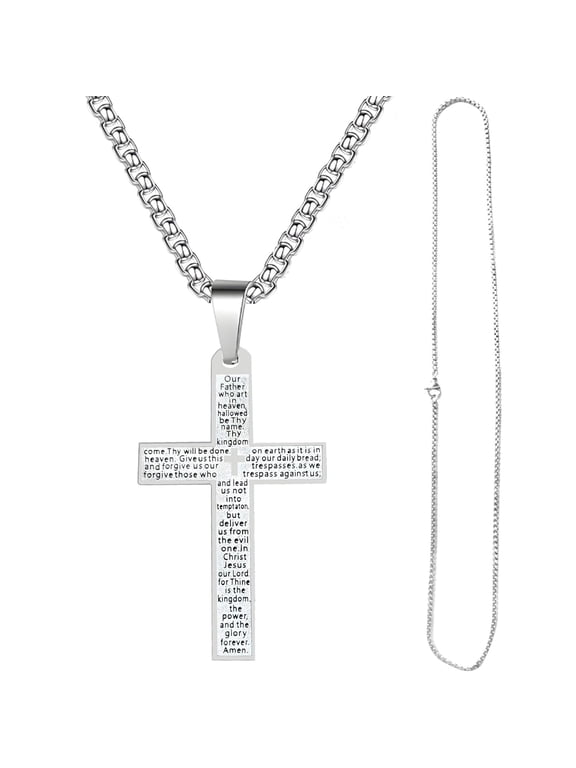 Stainless Steel Mens Womens Cross Necklace with Lord's Prayer, Religious Jesus Christian Crucifix Bible Verse Faith Pendant Chain Necklace for Father Mother Easter Gifts