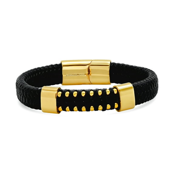 Stainless Steel Mens Yellow Black-tone Fashion Black Leather Bracelet Link Bracelet for Men