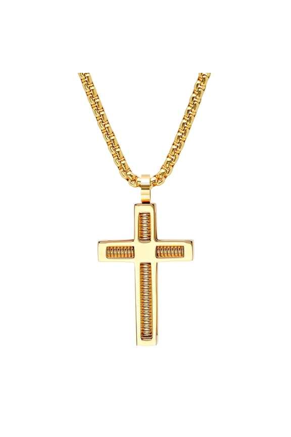 Stainless Steel Mens Yellow Cross Religious Necklace 48.2x27mm Wide Necklace for Men