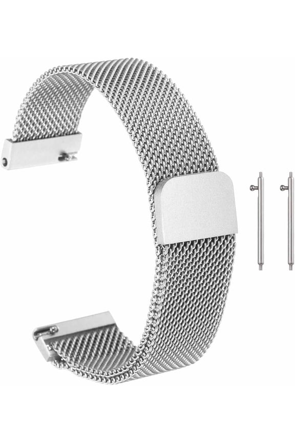 Stainless Steel Mesh Watch Band Quick Release Metal Replacement Adjustable Strap with Magnetic Buckle for Men Women Silver Tone 18mm