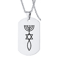 Stainless Steel Messianic Seal Military Necklace, Religious Jewish Star of David Menorah Ichthys Christian Faith Amulet Pendant Chain for Women Men Israel Jerusalem Jewelry Gifts, Silver