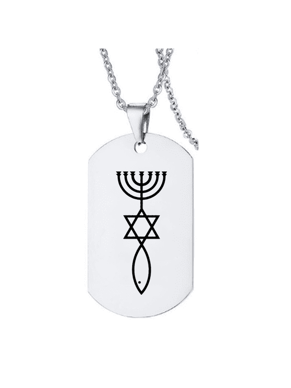 Stainless Steel Messianic Seal Military Necklace, Religious Jewish Star of David Menorah Ichthys Christian Faith Amulet Pendant Chain for Women Men Israel Jerusalem Jewelry Gifts, Silver