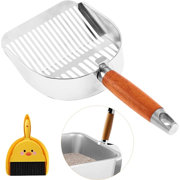 Stainless Steel Metal Cat Litter Scoop,Kitten Pooper Lifter with Long Handle, for Litter Box,with Small Broom & Dustpan,for Quick Cleaning