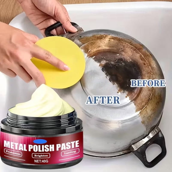 Stainless Steel Metal Paste | Rust Remover, Non-Scratch Polish for Pots, Pans, Sinks, Cookware, Chrome, Aluminum | 40g Jar Includes Polishing Sponge, Protective Shine, Fast Results