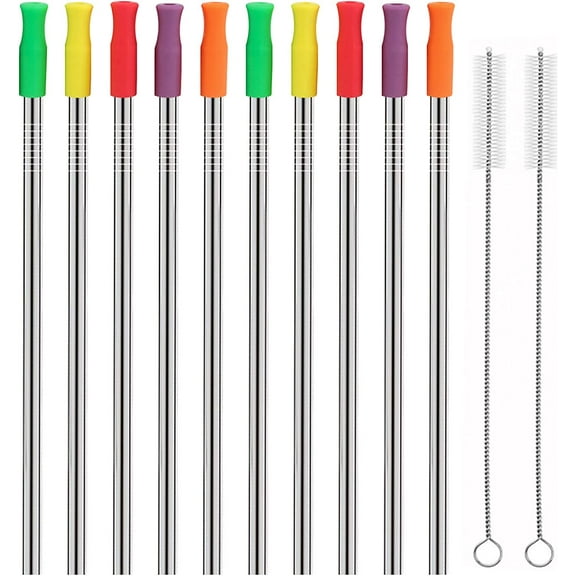 Stainless Steel Metal Straws with Silicone Tips Set of 10 Straight Reusable Drinking Straws for Yeti 20oz 30oz Tumblers (10.5" L 0.24"Dia Straws+ 2 Brushes)