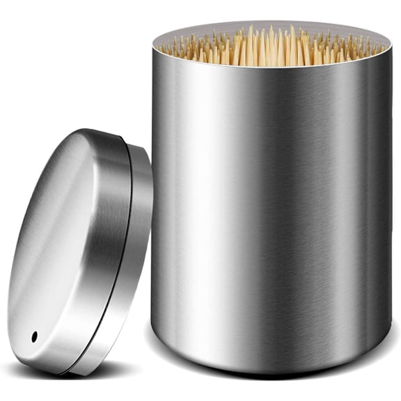 Stainless Steel Metal Toothpick Holder Dispenser Thickening Tooth Picks Lot Container with 500 Pieces Bamboo Round Toothpicks for Teeth and Appetizer