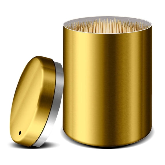 Stainless Steel Metal Toothpick Holder Dispenser, Tooth Picks Lot Container with 500 Pieces Bamboo Round Toothpicks for Teeth Appetizer and for kitchen