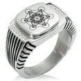 thumbnail image 1 of Stainless Steel Metatron’s Cube CZ Ribbed Needle Stripe Pattern Biker Style Polished Ring, 1 of 1