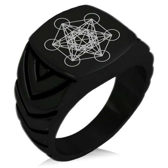 Stainless Steel Metatron’s Cube Chevron Pattern Biker Style Polished Ring