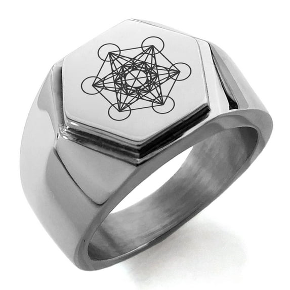 Tioneer Stainless Steel Metatron’s Cube Engraved Hexagon Crest Flat Top Biker Style Polished Ring