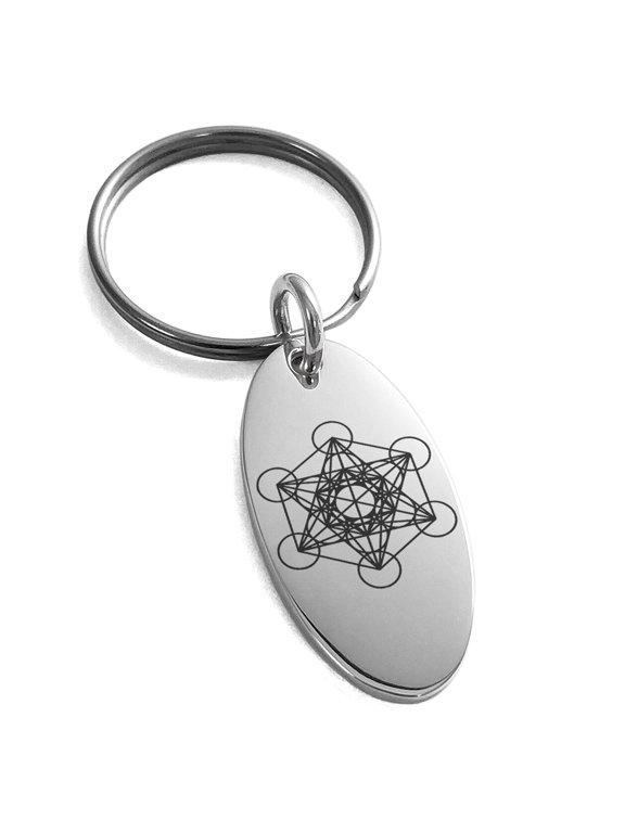Stainless Steel Metatron’s Cube Engraved Small Oval Charm Keychain Keyring