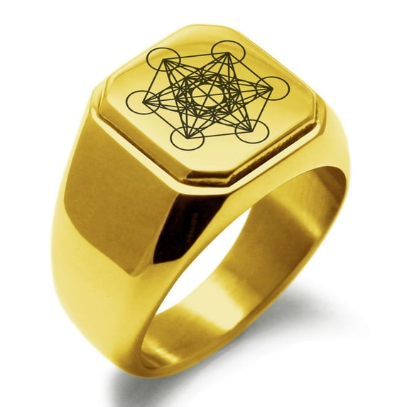 Tioneer Stainless Steel Metatron’s Cube Engraved Square Flat Top Biker Style Polished Signet Ring