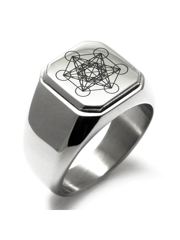 Stainless Steel Metatron’s Cube Engraved Square Flat Top Biker Style Polished Signet Ring
