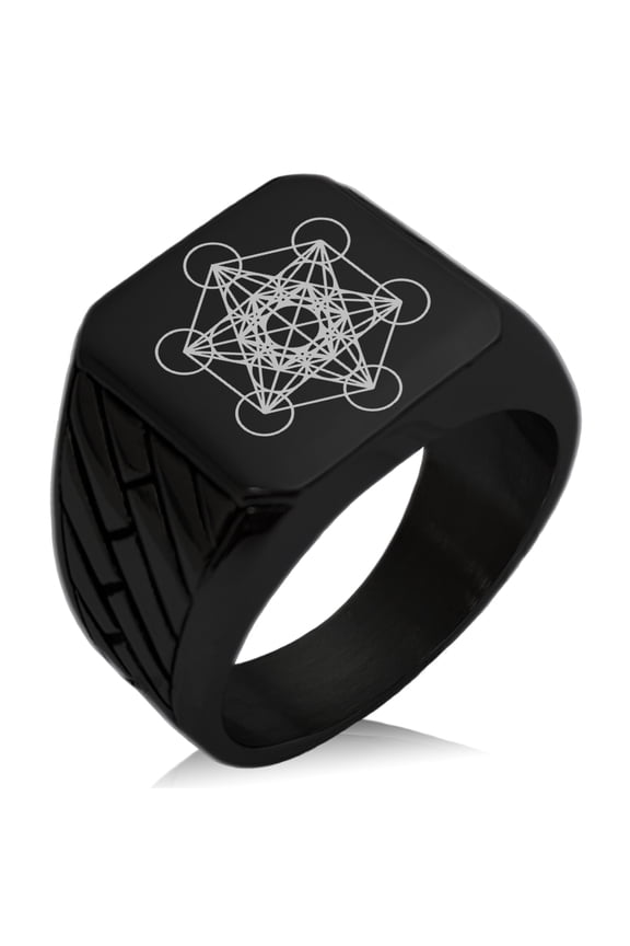 Stainless Steel Metatron’s Cube Geometric Pattern Biker Style Polished Ring