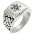 thumbnail image 1 of Stainless Steel Metatron’s Cube Geometric Pattern Step-Down Biker Style Polished Ring, 1 of 1