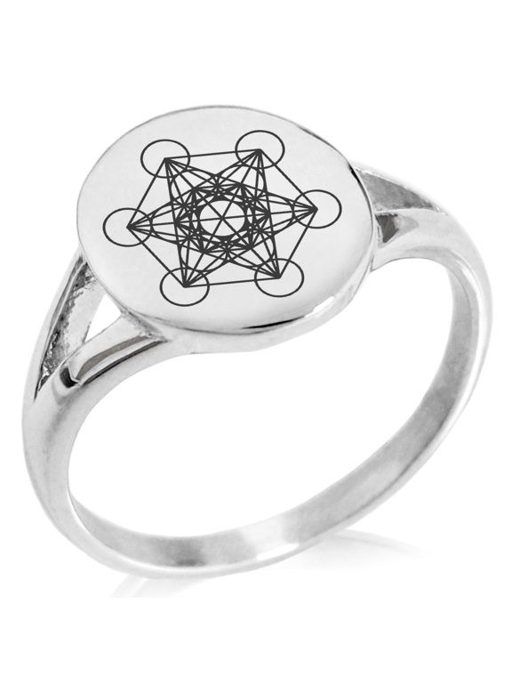 Stainless Steel Metatron’s Cube Minimalist Oval Top Polished Statement Signet Ring