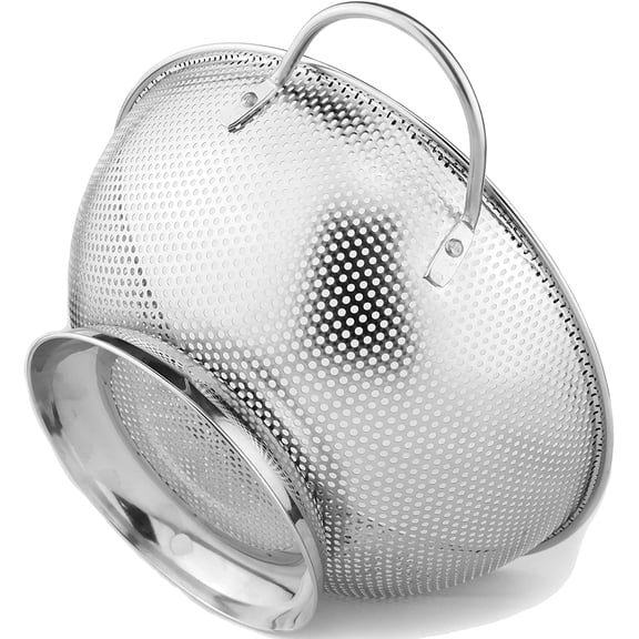 Stainless Steel Micro-Perforated 5-Quart Colander - Professional Strainer with Heavy Duty Handles and Self-draining Solid Ring Base - Dishwasher Safe