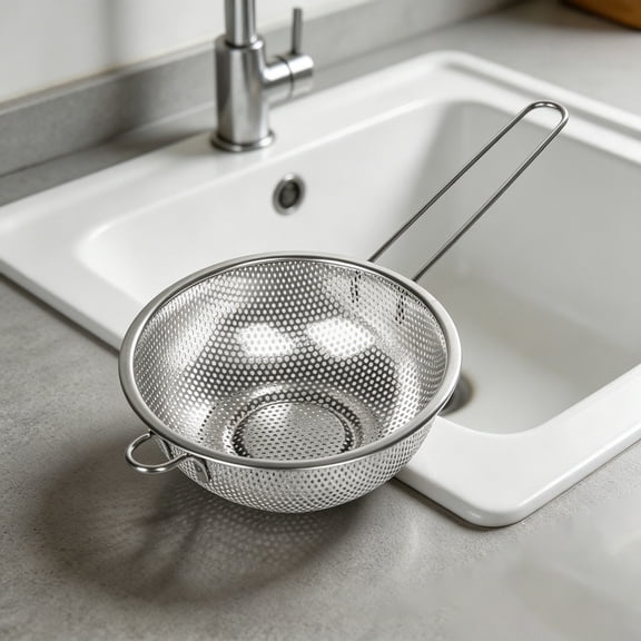Stainless Steel Micro Perforated Colander Set, Long Wire Loop Handle Single Bowl Strainers with Side Rest Tab, Nestable Metal Drain Bowls for Rice, Pasta