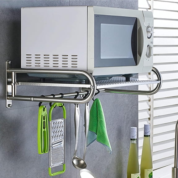 Stainless Steel Microwave Oven Shelf with 6 Hooks, Kitchen Organizer Storage Holder, Wall Mounted, Fits Most Microwaves Under 19 Inches