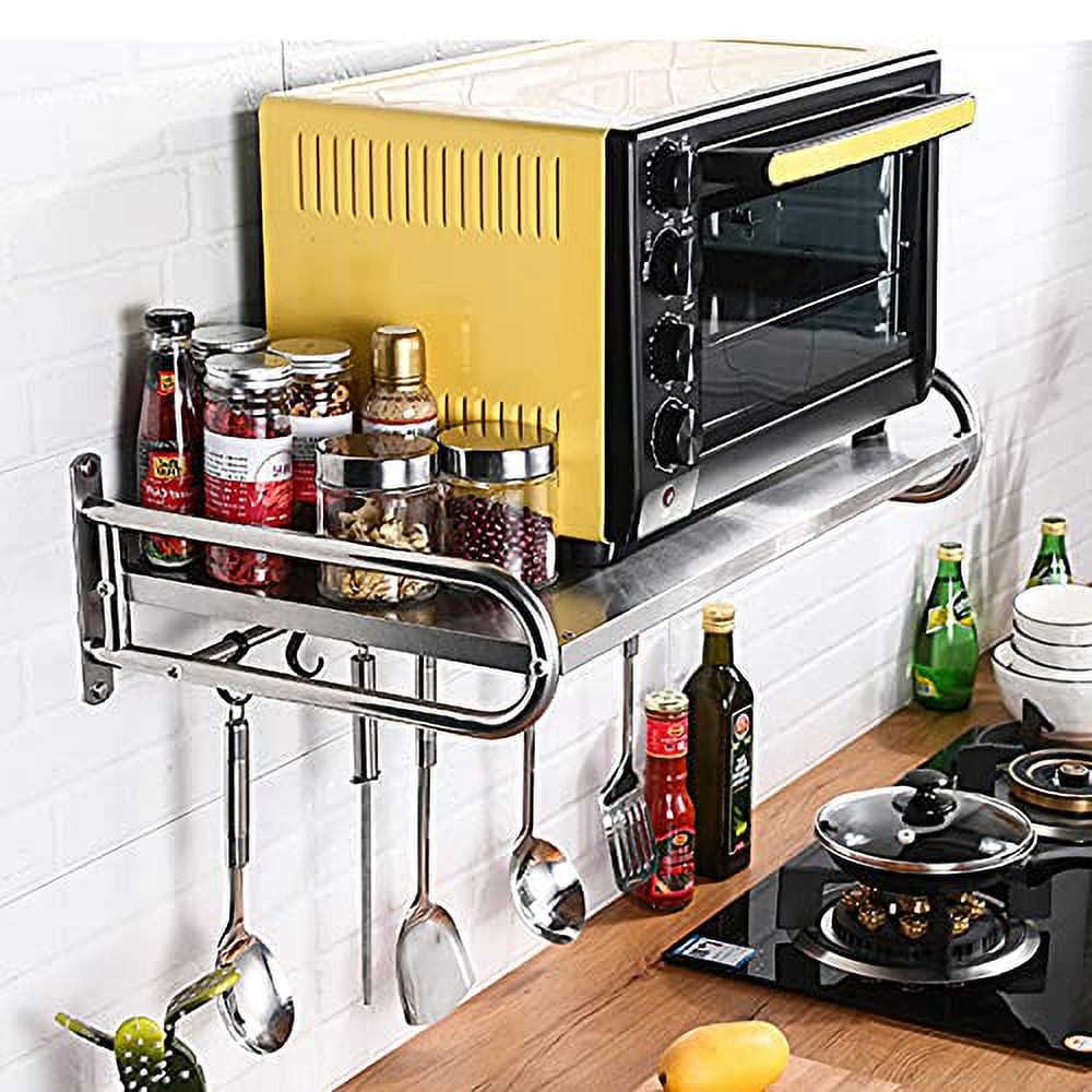 Stainless Steel Microwave Oven Wall Mount Shelf with 6 Hooks,Kitchen