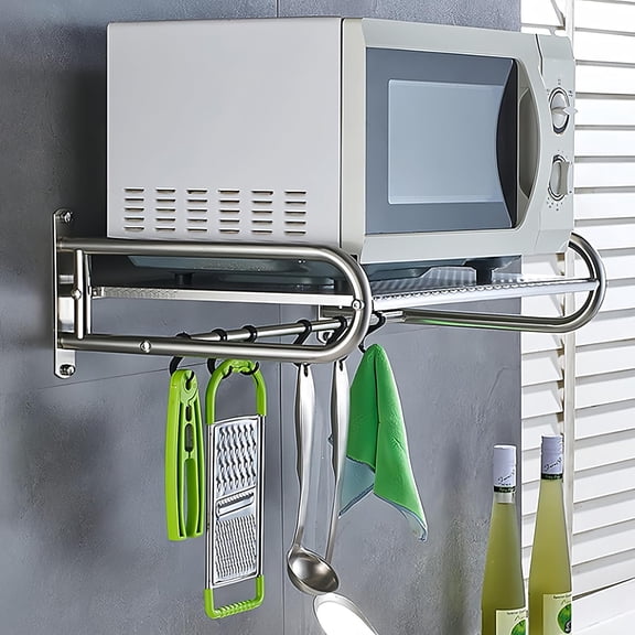Stainless Steel Microwave Wall Mount Shelf with 6 Hooks - 66 lbs Capacity, 21x15 Inches, Easy Install, Space-Saving Organizer for Home and Kitchen