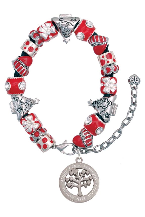 Stainless Steel Mighty Oak Tree of Life - Red Christmas Bead Bracelet