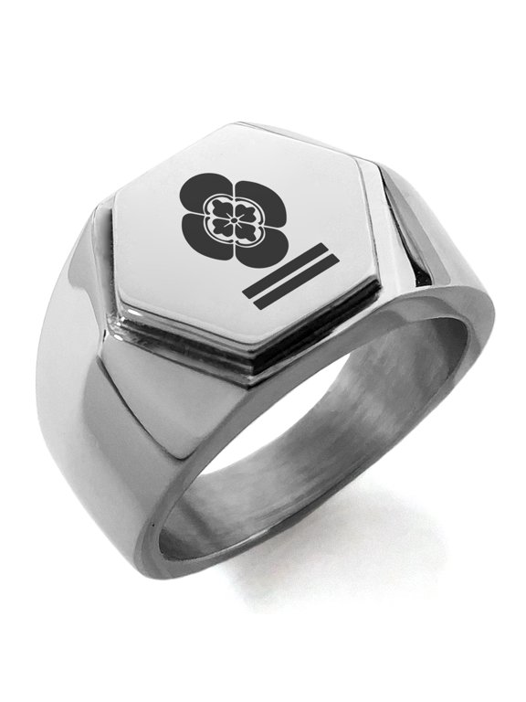 Stainless Steel Mikumo Samurai Crest Engraved Hexagon Crest Flat Top Biker Style Polished Ring