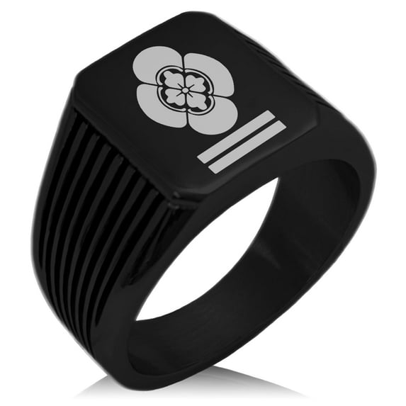 Tioneer Stainless Steel Mikumo Samurai Crest Needle Stripe Pattern Biker Style Polished Ring
