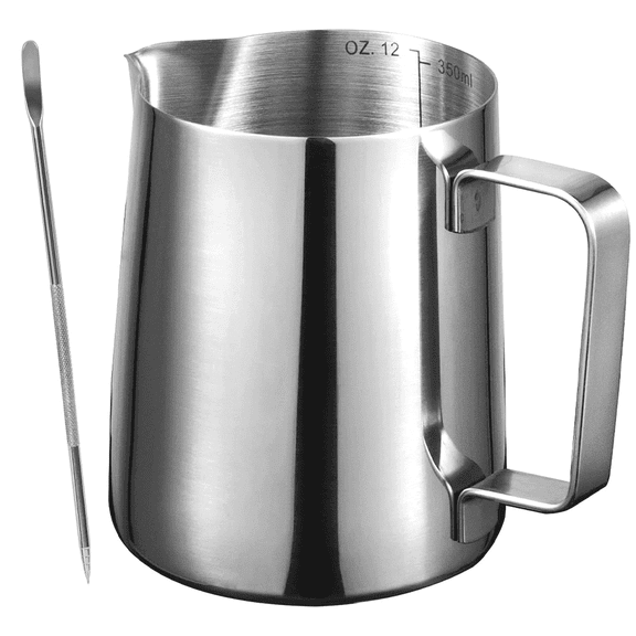 Stainless Steel Milk Frothing Pitcher for Cappuccino Latte Art, Espresso, and Steaming - 12oz/350ml Barista Frother Cup, Milk Frother Steamer Cup for Coffee Matcha Chai Latte & Hot Chocolate