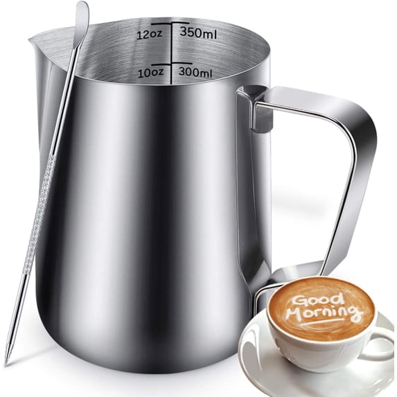 Stainless Steel Milk Frothing Pitcher Cappuccino Pitcher Pouring Jug Espresso Cup Creamer Cup for Latte Art, 12 Ounce (350 ML),Silver Pen