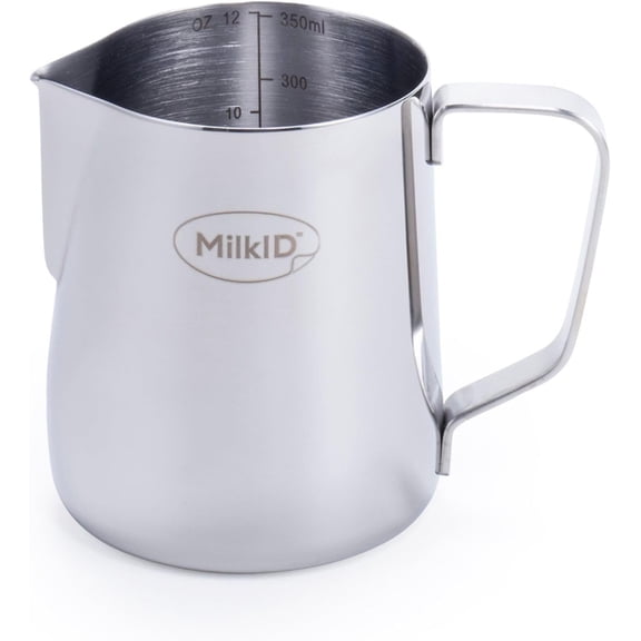 Stainless Steel Milk Frothing Pitcher, Compatible with MilkID Labeling System (12oz Silver Pitcher Only)