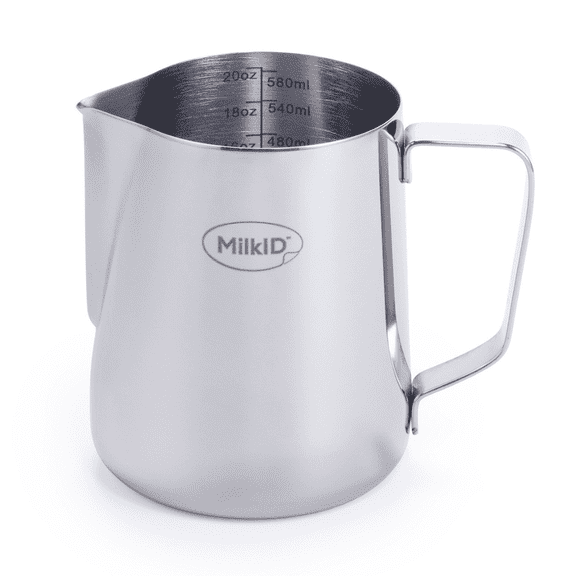 Stainless Steel Milk Frothing Pitcher, Compatible with MilkID Labeling System (20oz Silver Pitcher Only)