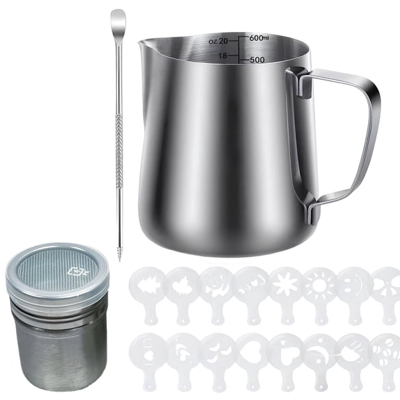 Stainless Steel Milk Frothing Pitcher Set, 20 oz/600 ml Milk Frothing Pitcher for Latte Art with Internal Scale, Includes Powder Shaker,16 Pcs Coffee Decorating Stencils and Latte Art Pen
