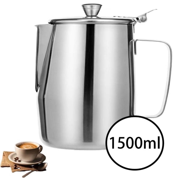 Stainless Steel Milk Frothing Pitcher with Lid  Dishwasher Safe Latte Art Jug, Ergonomic Handle, Barista Approved for Home & Cafe