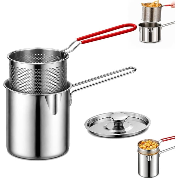 Stainless Steel Mini Deep Fryer 5‑Piece Cooking Set, 1.2L Small Cookware Kit with Lift‑Out Draining Strainer Basket, Portable Pot for Fries, Chicken, Home & Camping Use