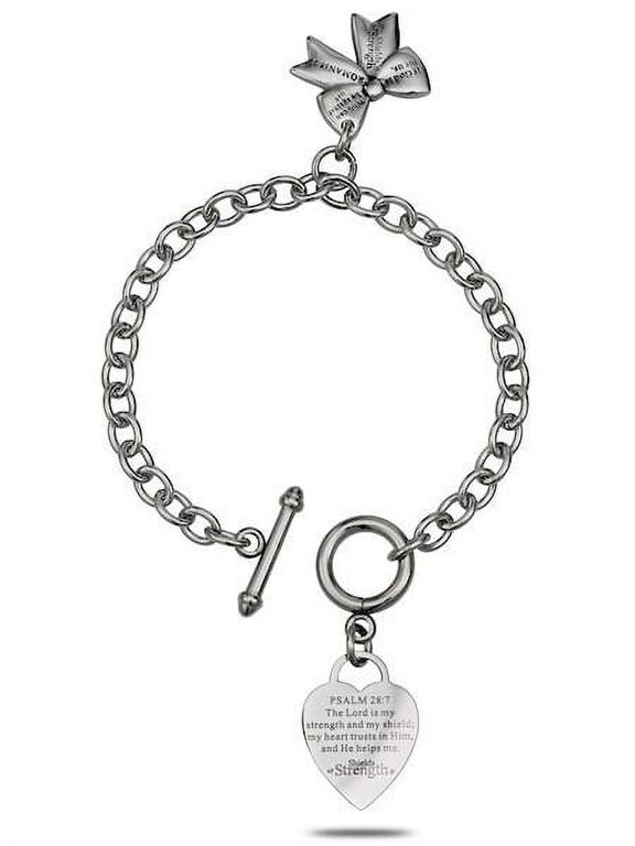 Stainless Steel Mini Heart Bracelet with Cheer Bow-Romans 8:31 by Shields of Strength